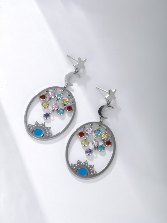 A pair of exaggerated design sense niche new trend retro stainless steel star moon women's earrings daily dating wear